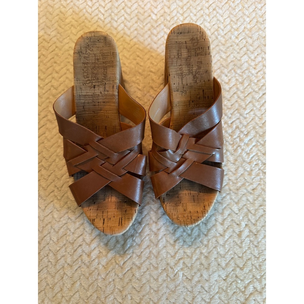 Kork-Ease Brown Leather Woven Slide Sandals Cork Platform Block Heel Mules 9M
